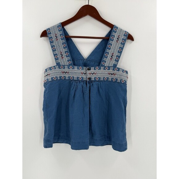 Madewell Embroidered Siesta Linen Blend Chambray Blue Smock Tank Top Size 4 EUC - Picture 8 of 13